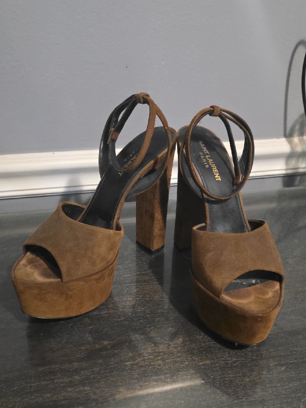 Saint Laurent JODY Brown Suede Platform Sandals with Ankle Strap 38½ 8.5
